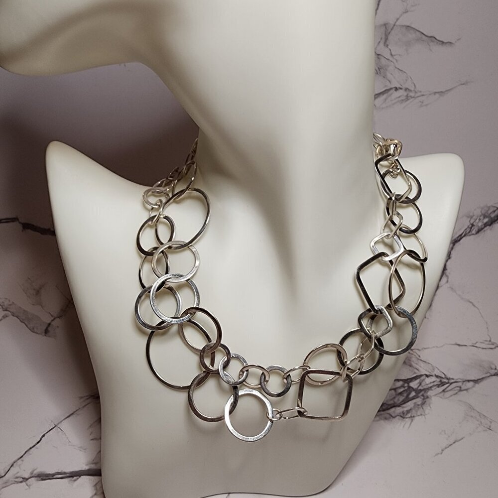 925 Silver Long Geometric Statement Necklace - Picture 2 of 7